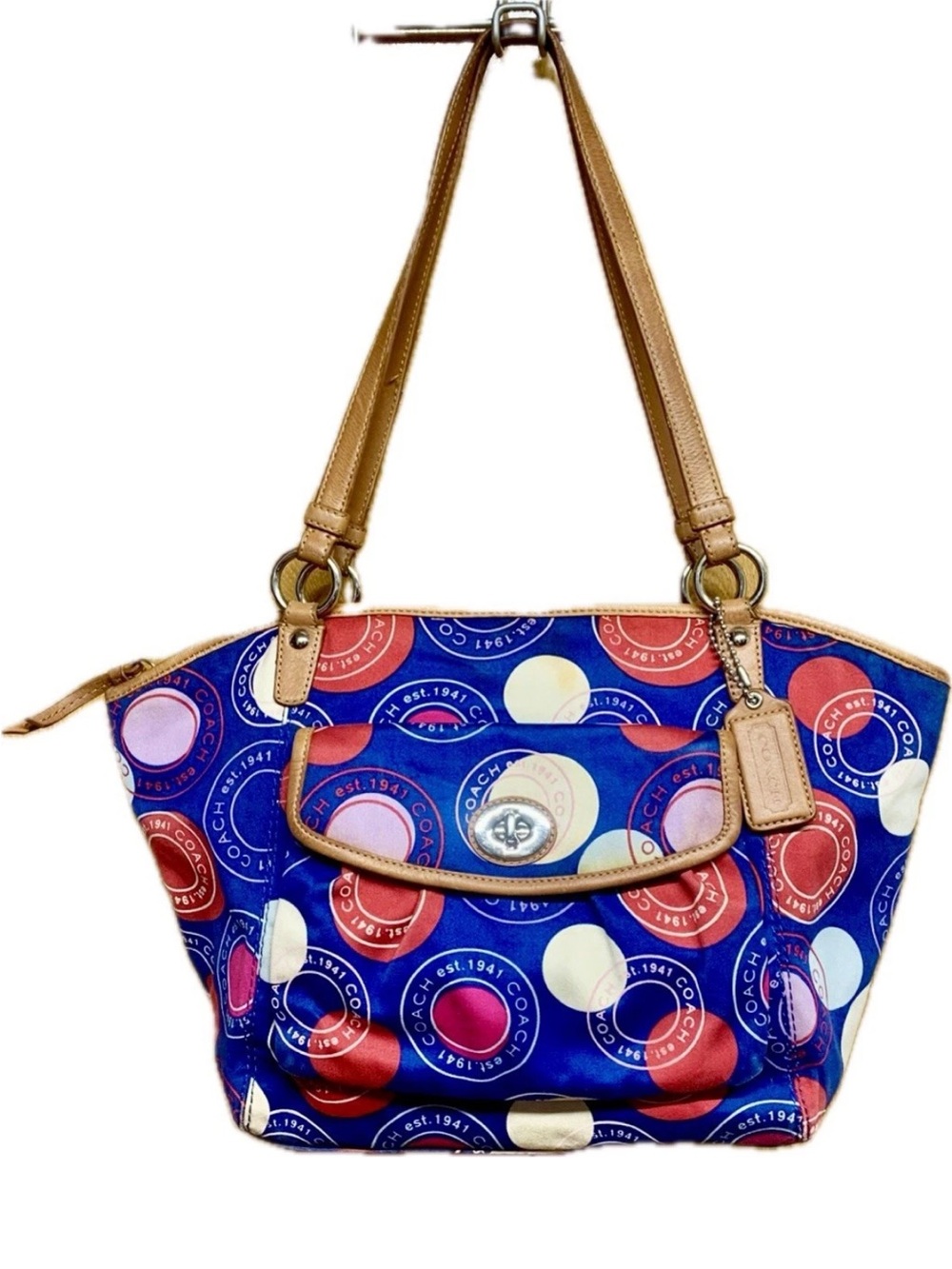 Vtg Y2K COACH LEAH Snapback Polka Dot Tote Shoulder Bag Blue Tan Turnlock F14667